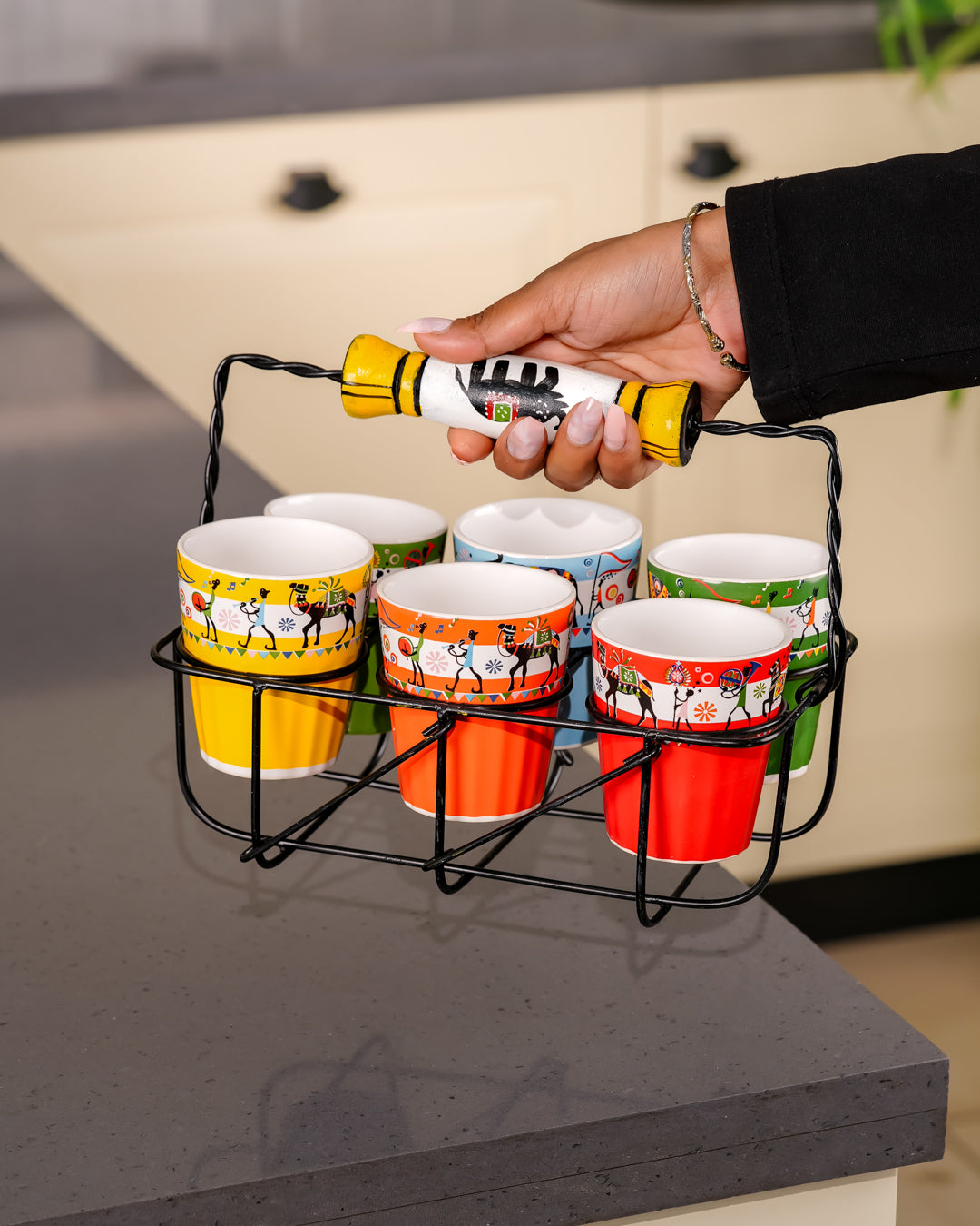 Heart & Homes Heritage Mitti Rang Handcrafted Ceramic Cutting Chai Glass Crockery Set with Wooden Holder (7-Piece Set)