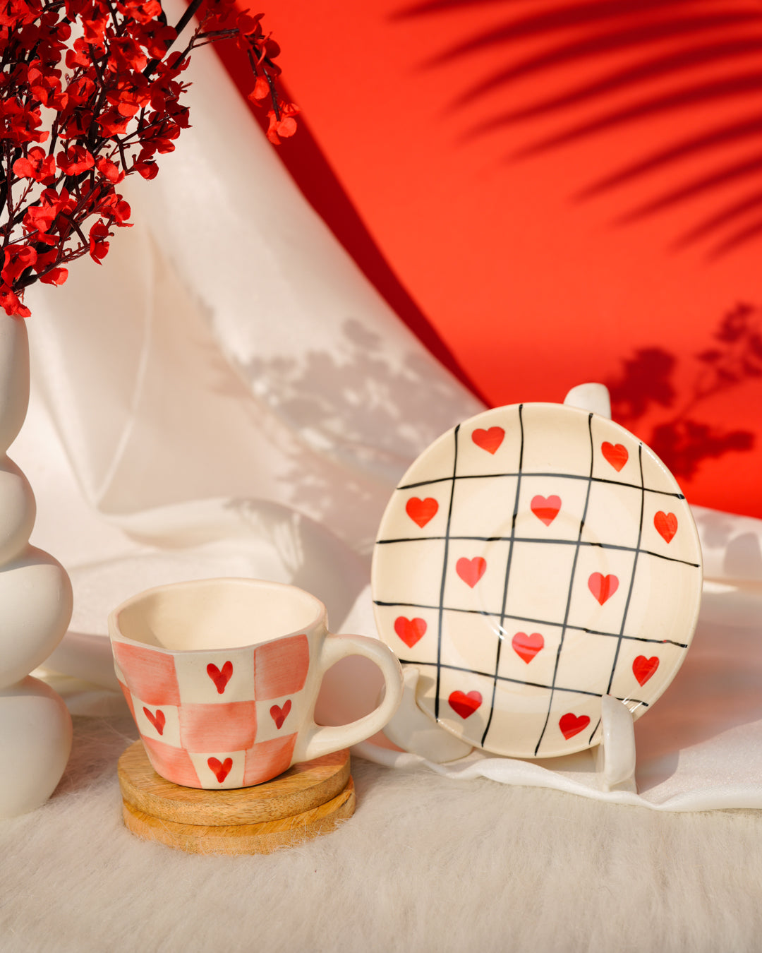 Heart & Homes Handcrafted Ceramic Cup & Saucer Set – Love Grid Collection