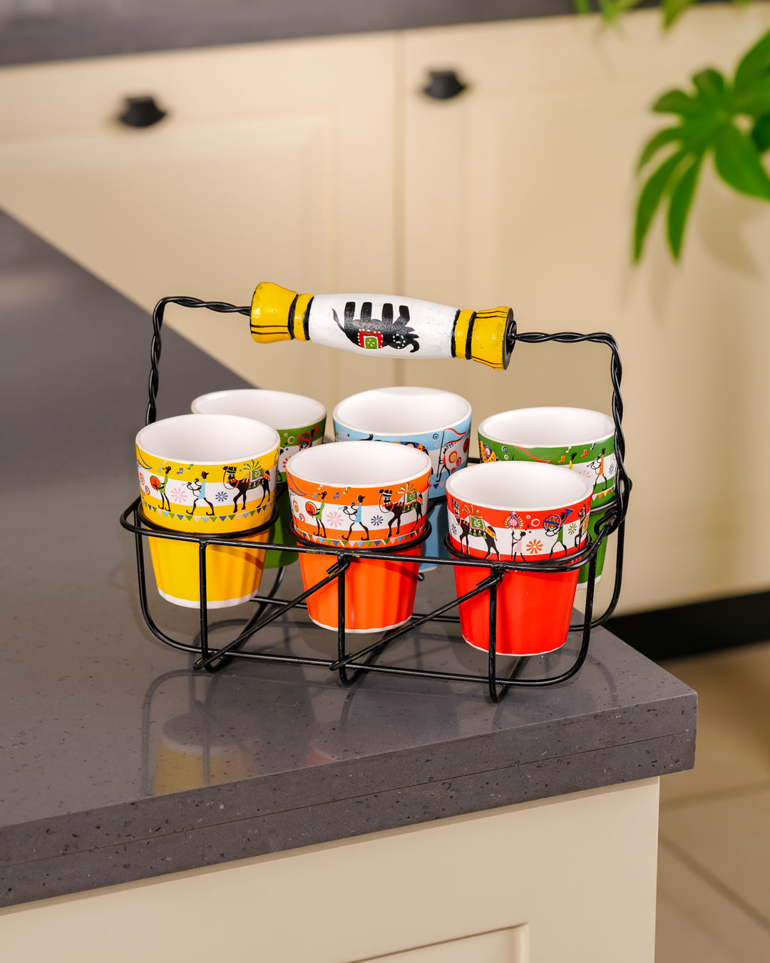 Heart & Homes Heritage Mitti Rang Handcrafted Ceramic Cutting Chai Glass Crockery Set with Wooden Holder (7-Piece Set)