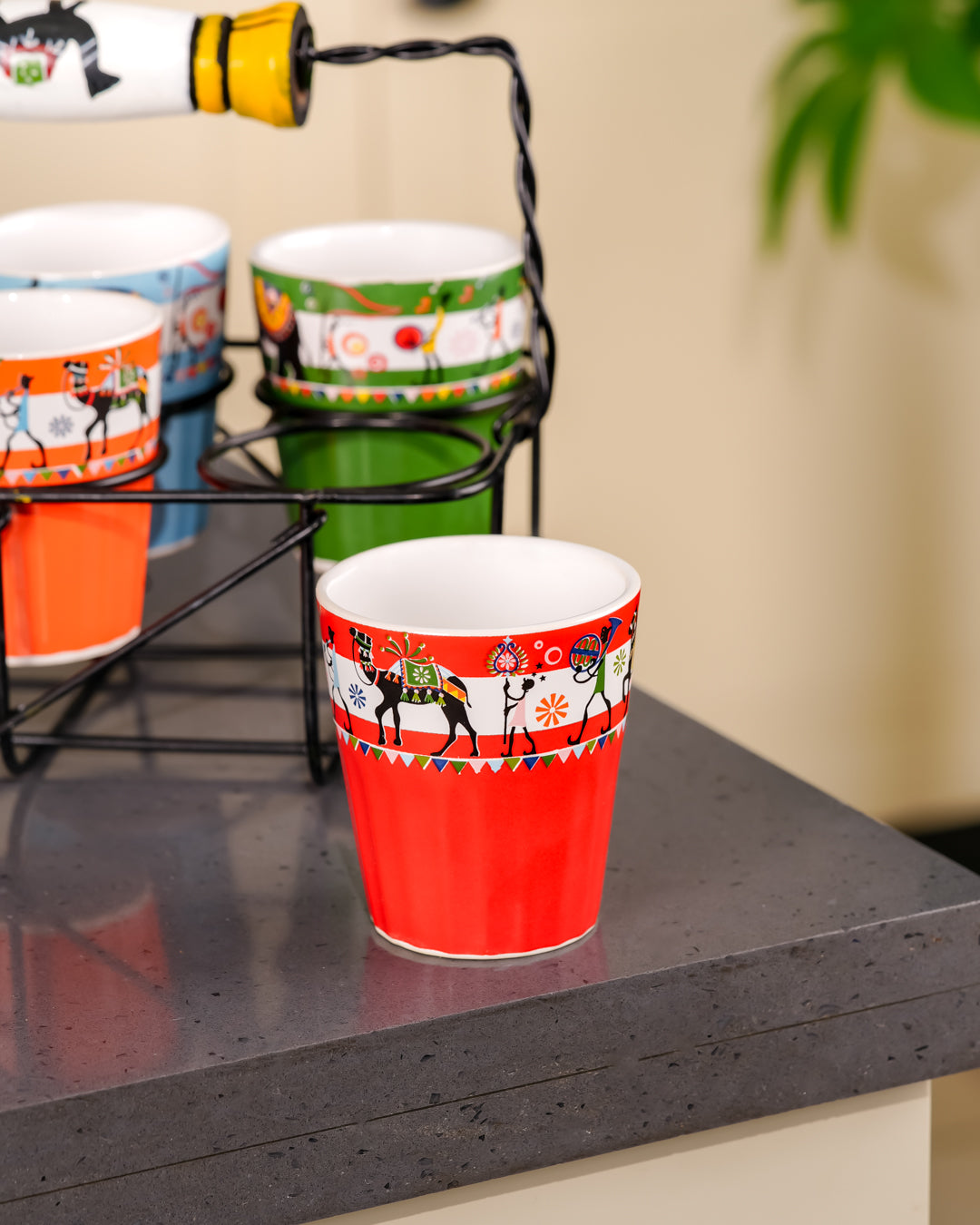 Heart & Homes Heritage Mitti Rang Handcrafted Ceramic Cutting Chai Glass Crockery Set with Wooden Holder (7-Piece Set)