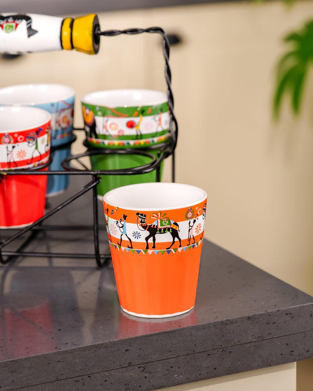 Heart & Homes Heritage Mitti Rang Handcrafted Ceramic Cutting Chai Glass Crockery Set with Wooden Holder (7-Piece Set)