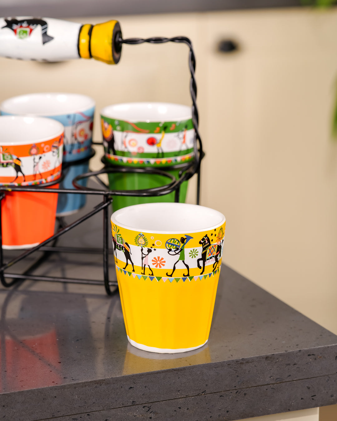 Heart & Homes Heritage Mitti Rang Handcrafted Ceramic Cutting Chai Glass Crockery Set with Wooden Holder (7-Piece Set)