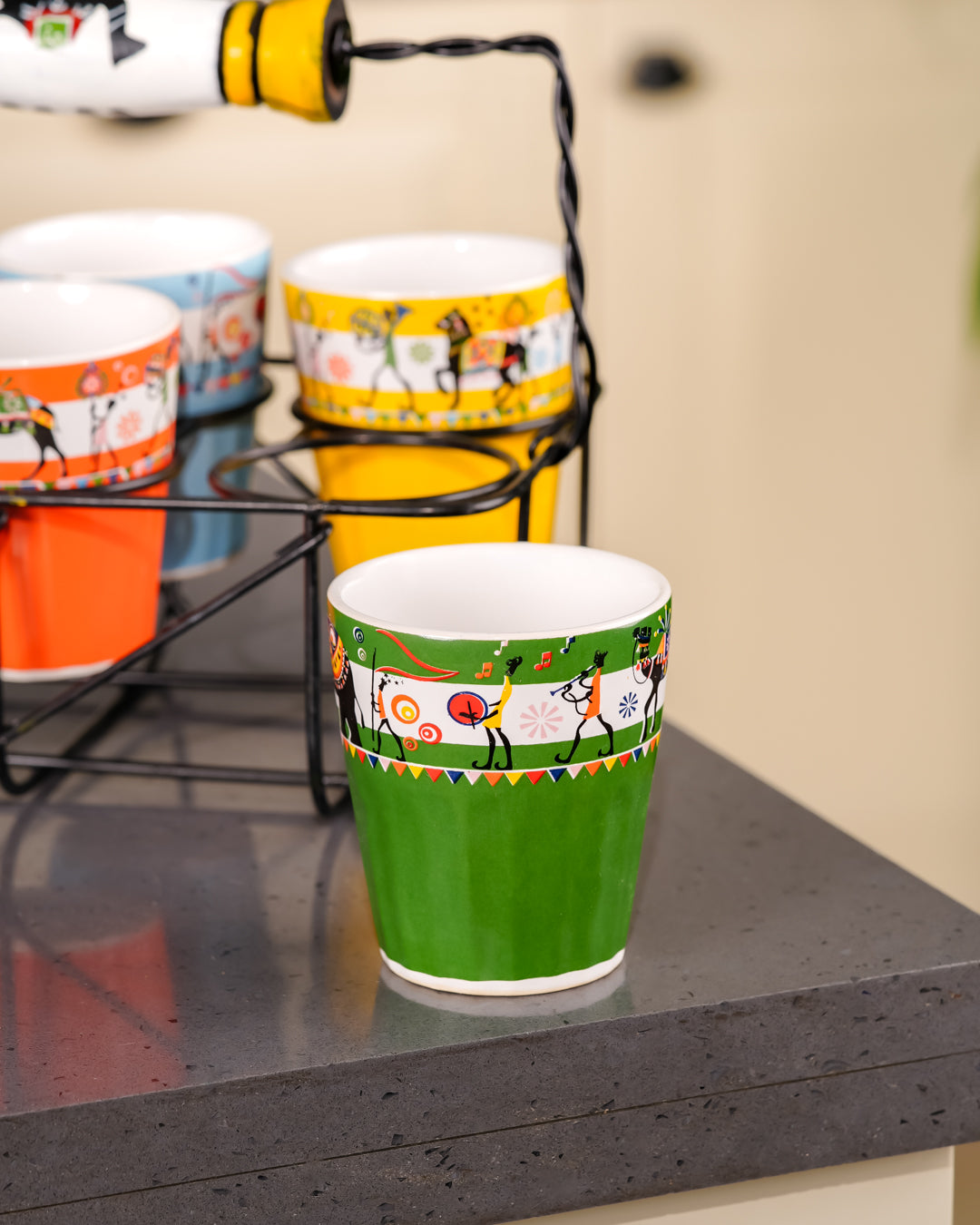 Heart & Homes Heritage Mitti Rang Handcrafted Ceramic Cutting Chai Glass Crockery Set with Wooden Holder (7-Piece Set)