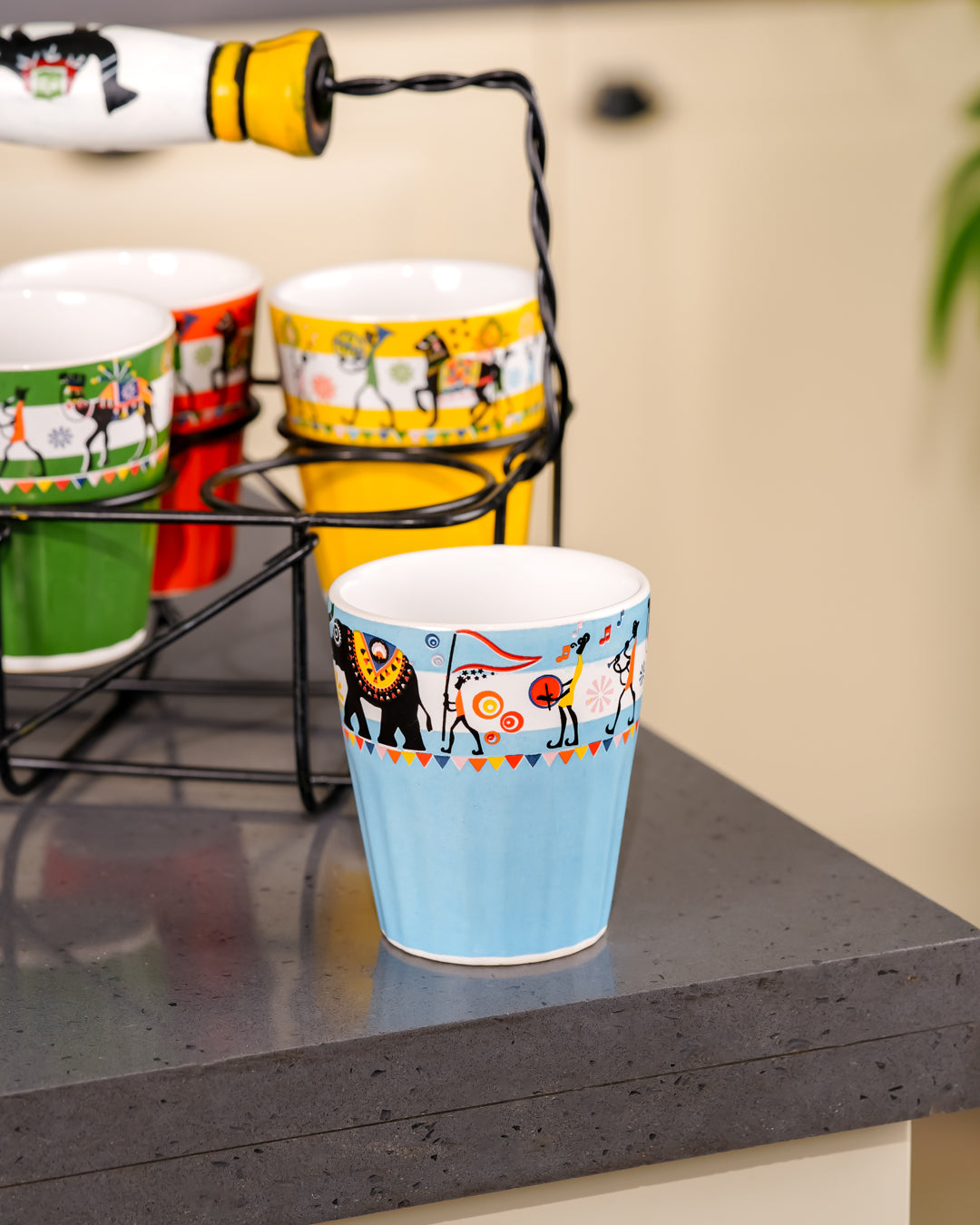 Heart & Homes Heritage Mitti Rang Handcrafted Ceramic Cutting Chai Glass Crockery Set with Wooden Holder (7-Piece Set)