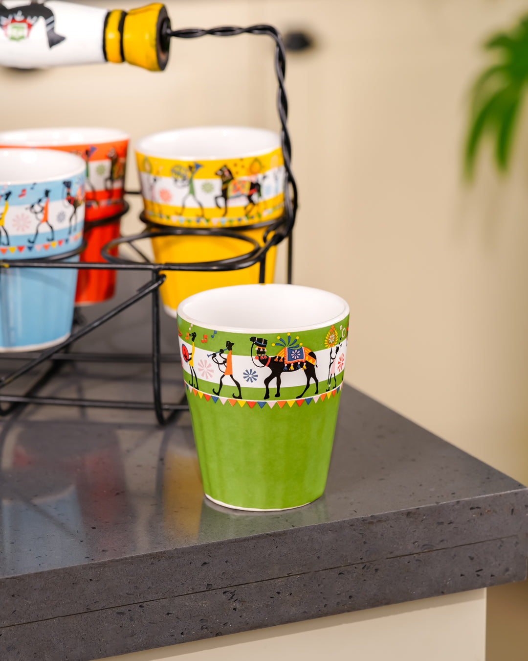 Heart & Homes Heritage Mitti Rang Handcrafted Ceramic Cutting Chai Glass Crockery Set with Wooden Holder (7-Piece Set)