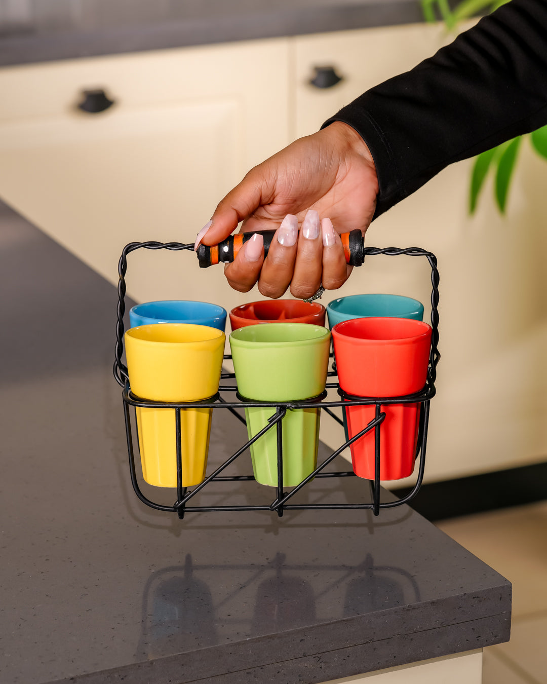 Heart & Homes Heritage Mitti Rang Ceramic Chai Glass Set with Wooden Holder – 7-Piece Set