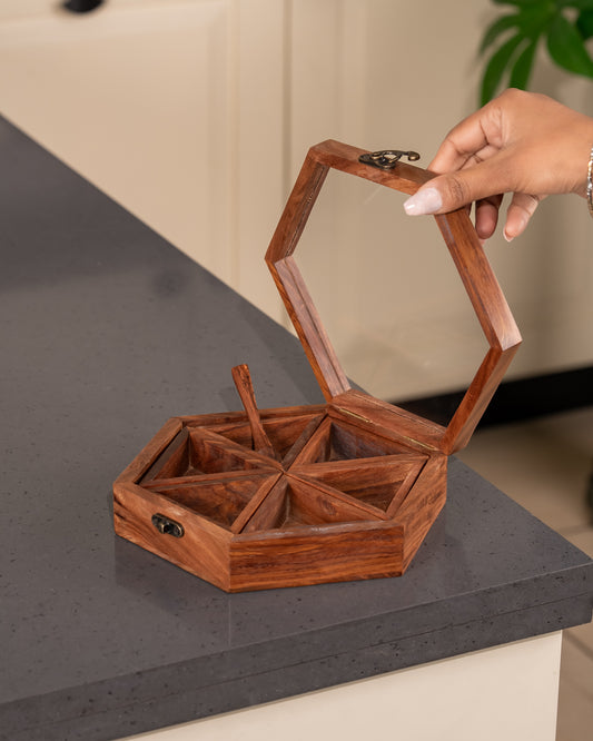 Heart & Homes HexaCraft Sheesham Wooden Spice Box with Glass Lid & Spoon – 6 Detachable Containers for Masala & Dry Ingredients