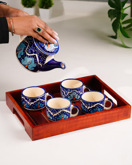 Heart and Homes Hand-Painted Ceramic Tea Set – 4 Cups, Kettle & Wooden Tray